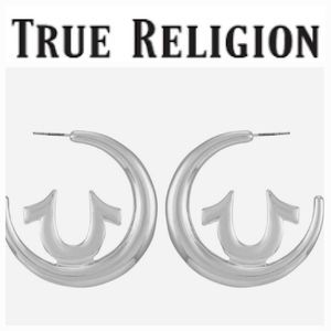 True Religion Horseshoe Logo Crescent Hoop Earrings- Silver